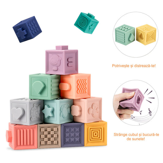 Set Cuburi Moi Interactive – 12 piese colorate pentru dentiție, joacă și dezvoltarea bebelușului