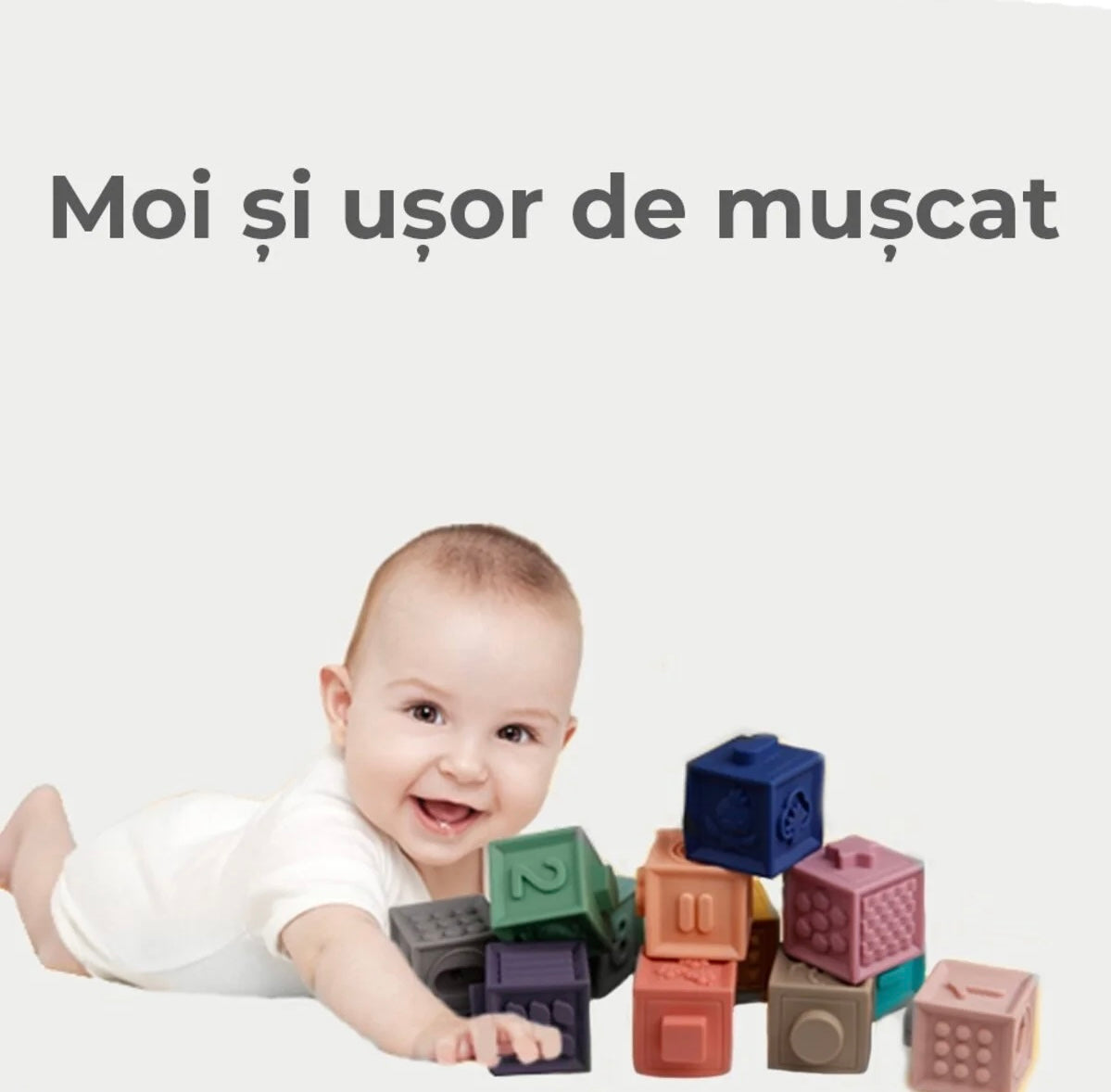 Set Cuburi Moi Interactive – 12 piese colorate pentru dentiție, joacă și dezvoltarea bebelușului