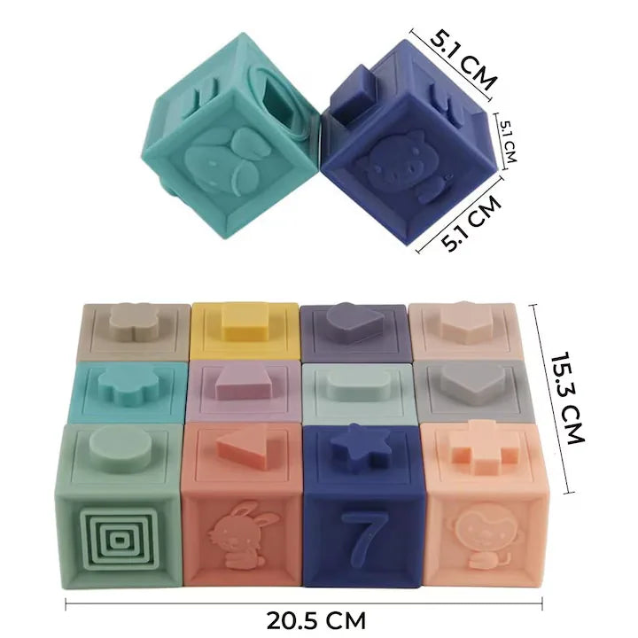 Set Cuburi Moi Interactive – 12 piese colorate pentru dentiție, joacă și dezvoltarea bebelușului