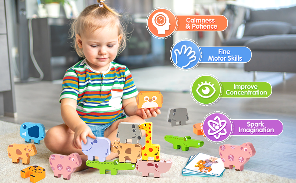 Joc Montessori de stivuit și echilibru – Set 10 animale din lemn