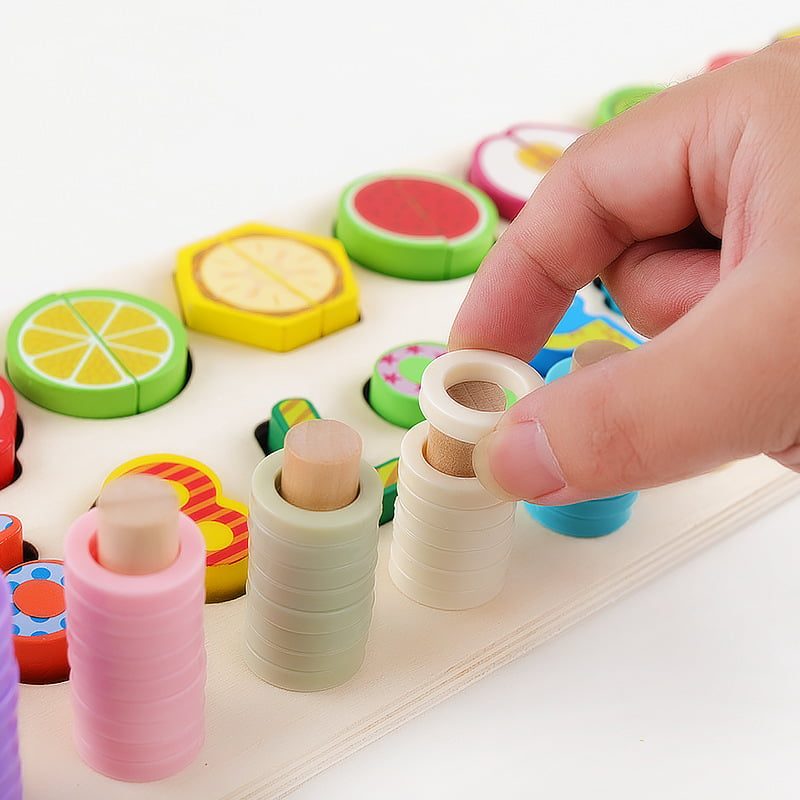 Joc educativ 4 în 1 din lemn - numără, sortează, feliază fructe (3+ani)