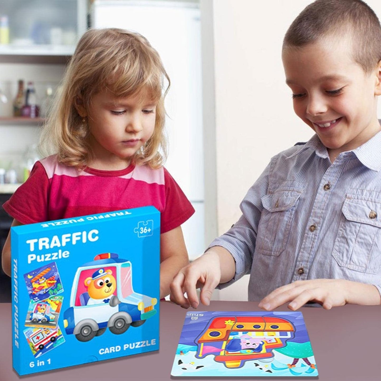 Set 6 carduri puzzle cu piese mari – Animale sau Vehicule