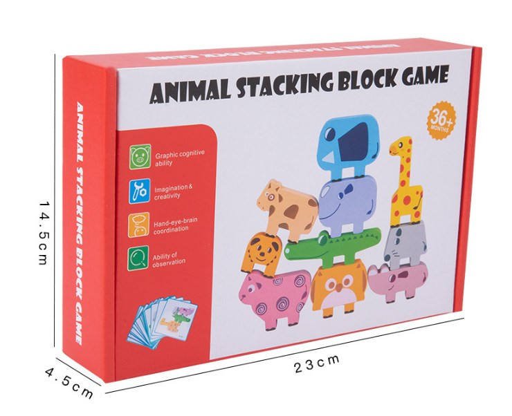Joc Montessori de stivuit și echilibru – Set 10 animale din lemn