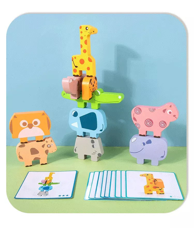 Joc Montessori de stivuit și echilibru – Set 10 animale din lemn