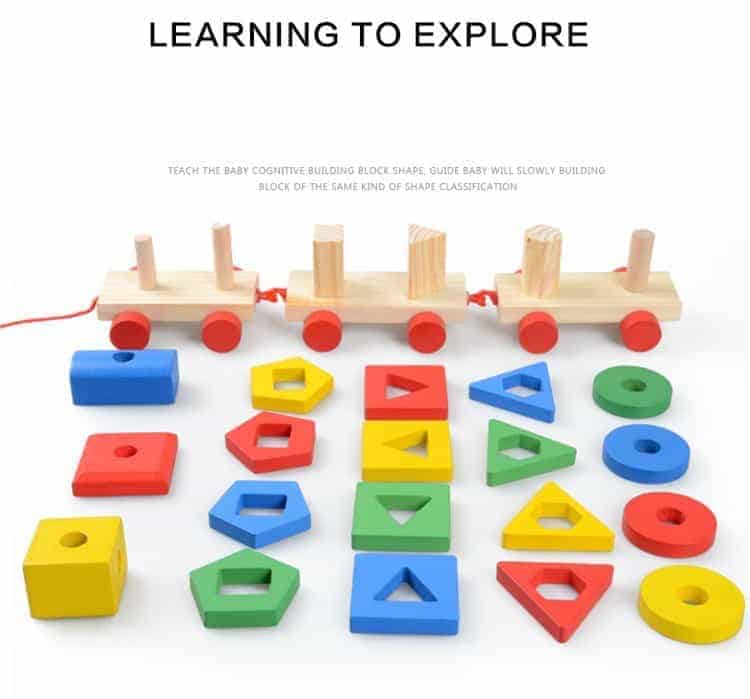 Trenulețul din lemn cu forme geometrice – joacă educativă pe șinele imaginației