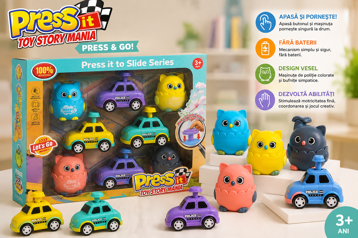 Set mașinuțe Press & Go – Bufnițe și Poliție