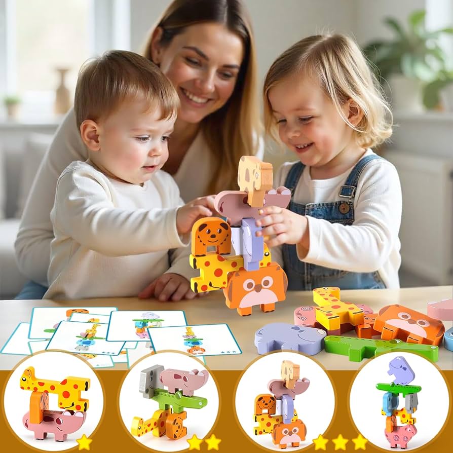 Joc Montessori de stivuit și echilibru – Set 10 animale din lemn