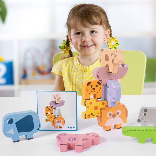 Joc Montessori de stivuit și echilibru – Set 10 animale din lemn