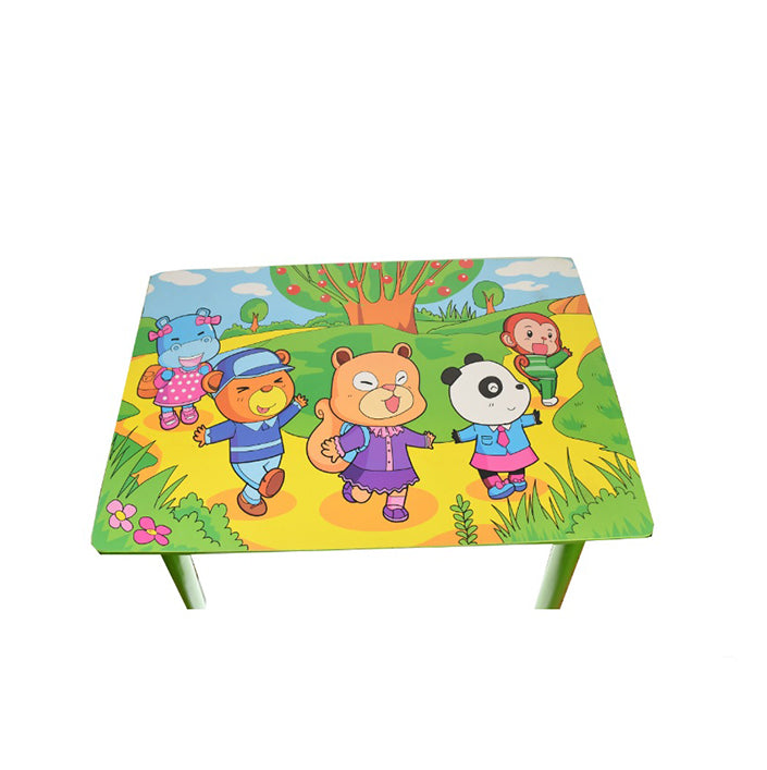 Masă color cu 2 scaune din lemn (verde, galben, roz)