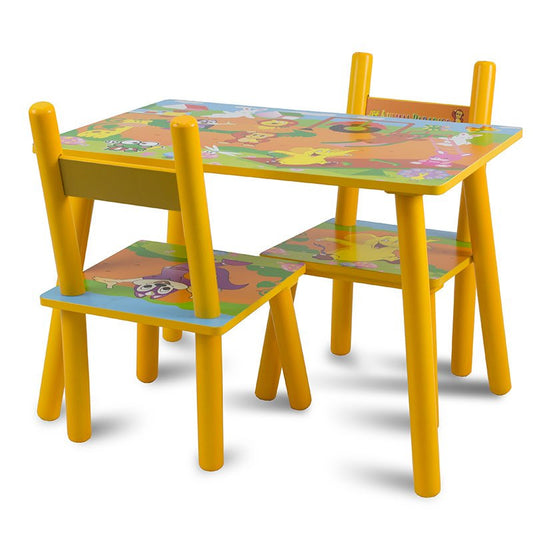 Masă color cu 2 scaune din lemn (verde, galben, roz)