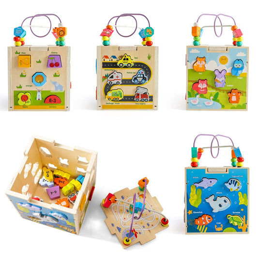 Cub Montessori din lemn cu activități educative