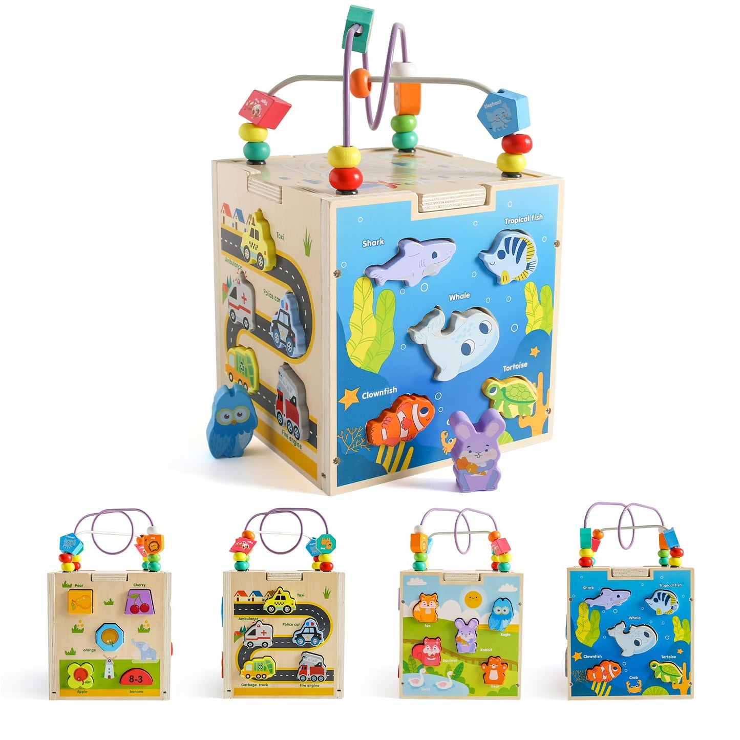 Cub Montessori din lemn cu activități educative