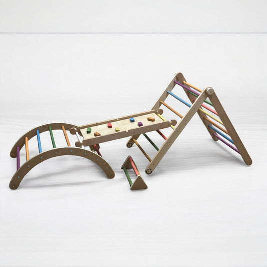 Triunghi Pikler Montessori cu Balansoar și Tobogan 5 în 1 – Modular, 5 Piese