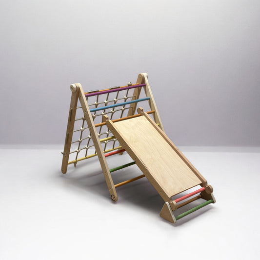 Triunghi Pikler cu Sfoară și Bile + Tobogan Multifuncțional 5 în 1