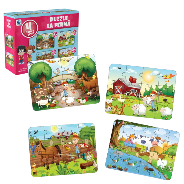 Distracție și învățare cu Puzzle la Fermă – 4 puzzle-uri într-o singură cutie