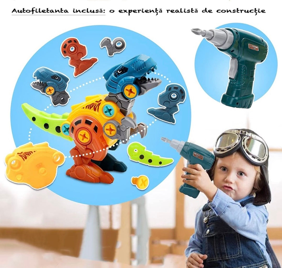 Set Dinozauri De Asamblat cu Autofiletantă Electrică – 4 Modele Interactive