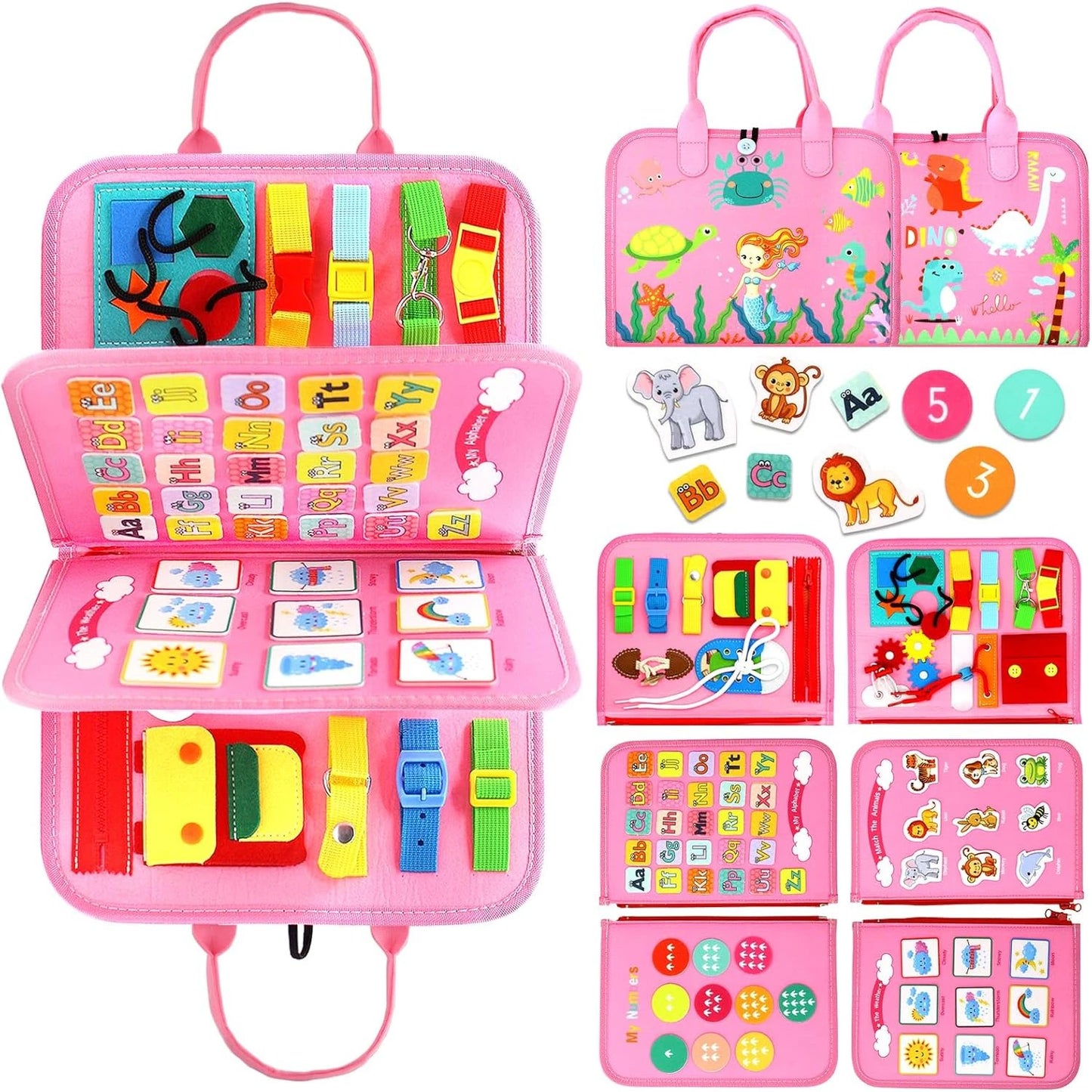 Carte senzorială Montessori cu unicorni - Busy Board 8 pagini