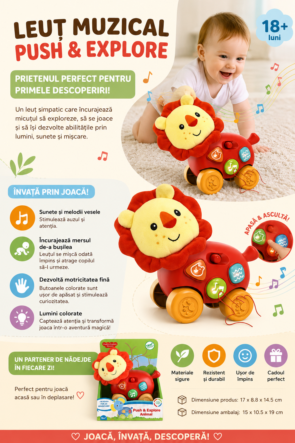 Leu muzical interactiv cu roți – joacă, muzică și explorare