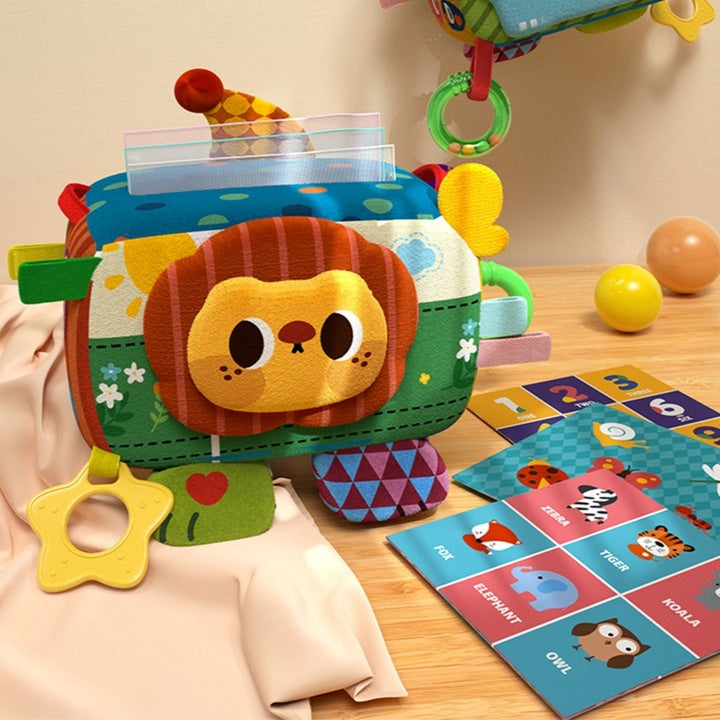 Cutie senzorială Montessori cu șervețele textile și accesorii interactive