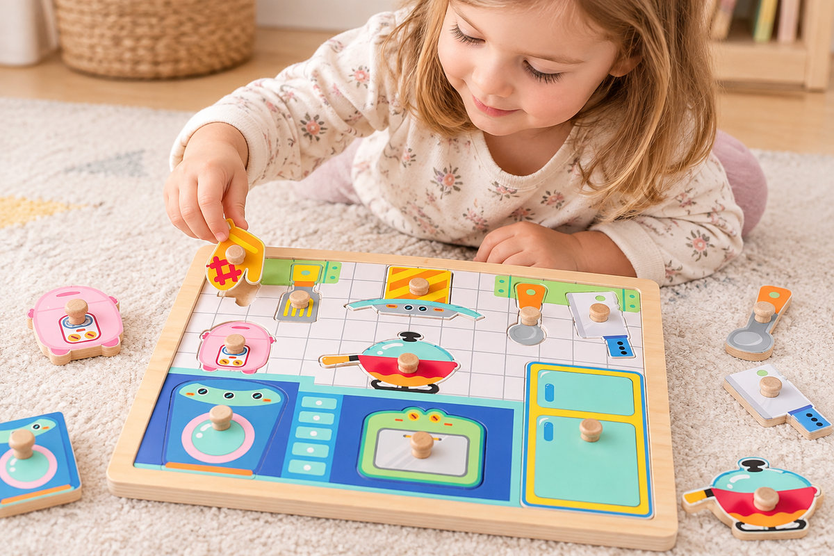 Puzzle din lemn cu butoni – Bucătăria