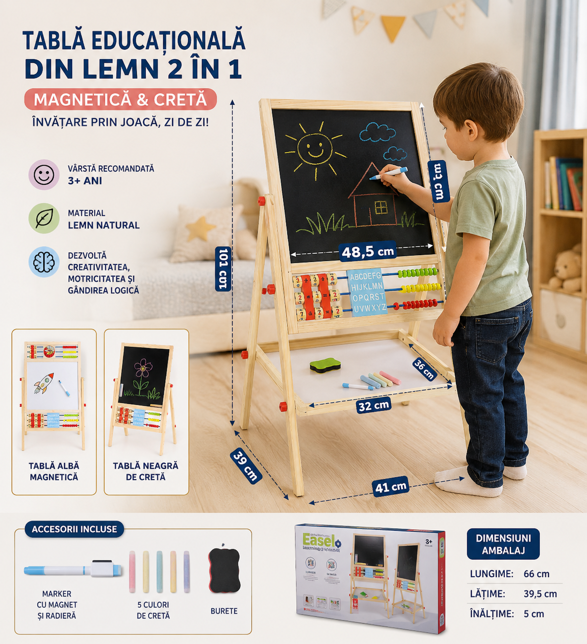 Tablă educațională din lemn 2 în 1 – Magnetică & Cretă