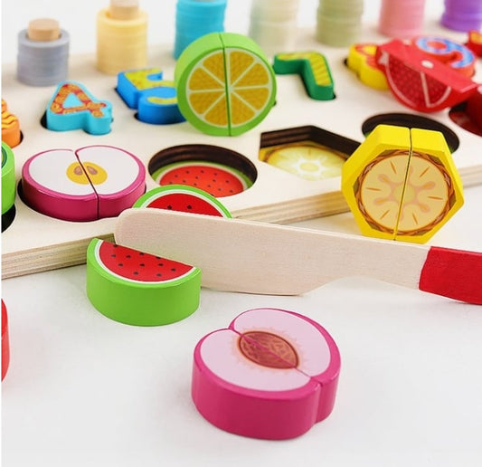 Joc educativ 4 în 1 din lemn - numără, sortează, feliază fructe (3+ani)