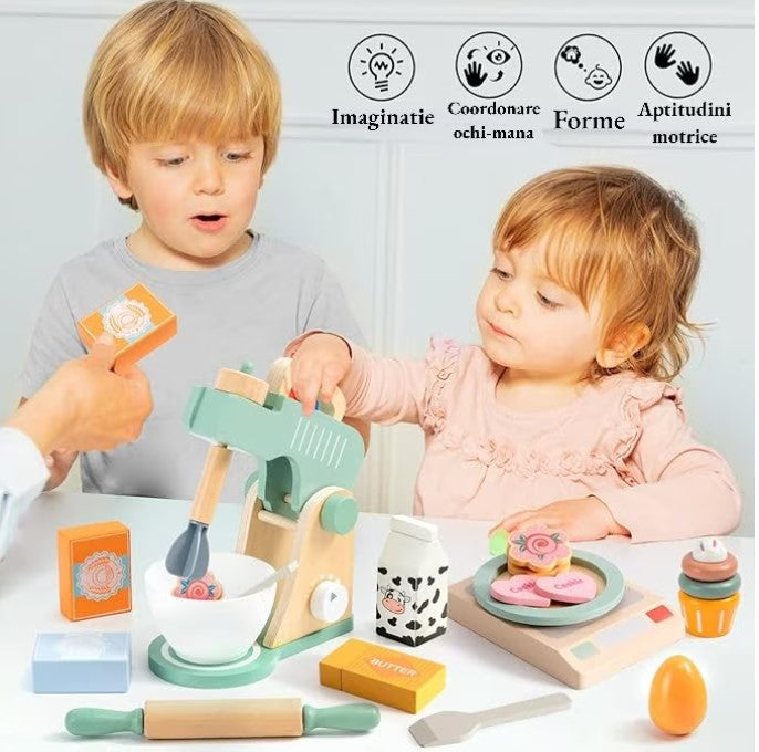 Micul meu atelier de prăjituri – Set mixer din lemn cu accesorii