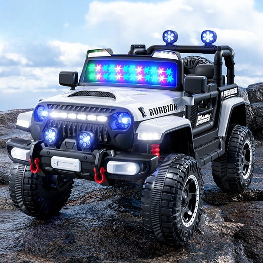 Masina Electrica pentru Copii, Off-Road, Conectare Bluetooth, telecomanda, Tractiune Spate, Lumina Intermitenta, Baterie 12V 7Ah, 120 x 63 x 68cm, Alb