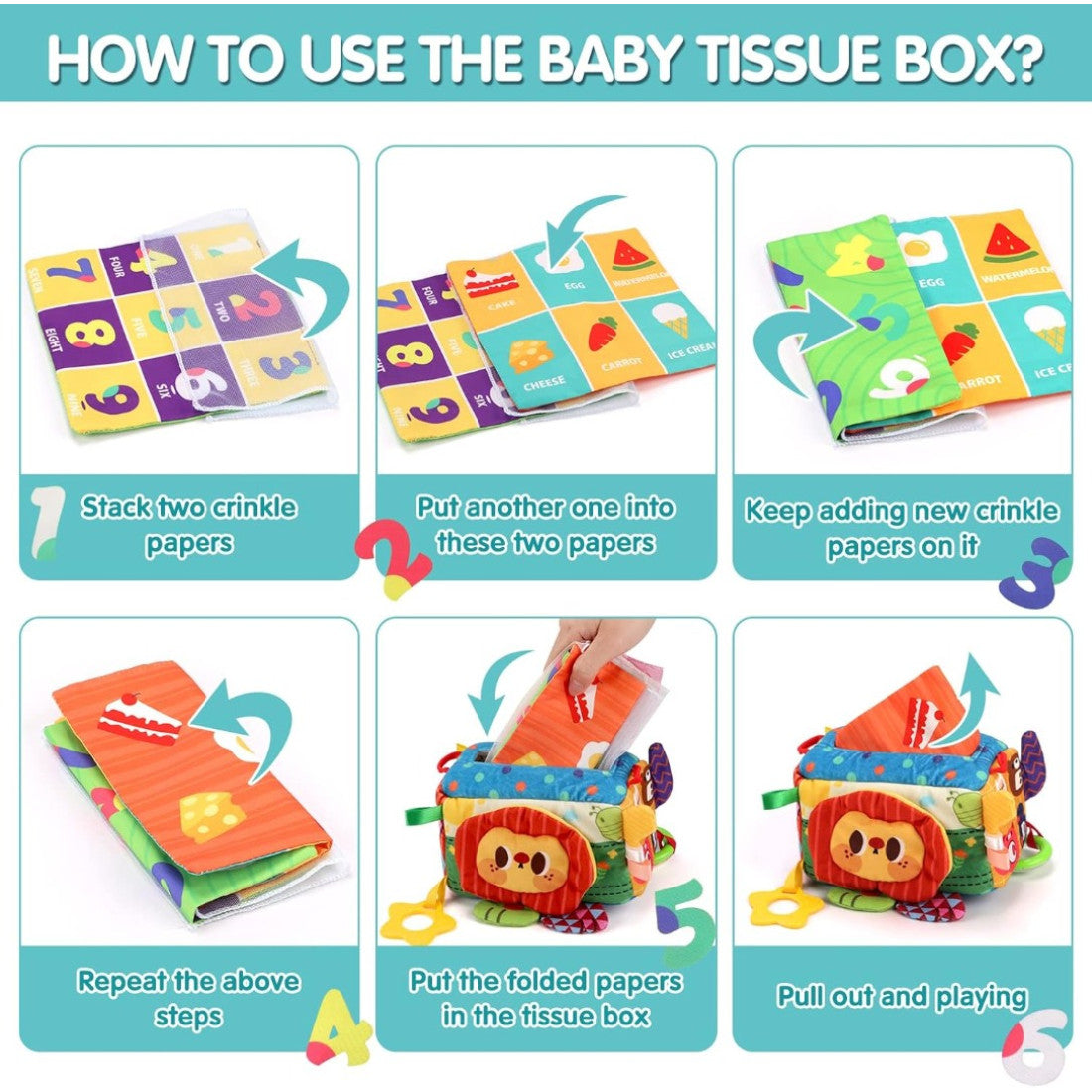 Cutie senzorială Montessori cu șervețele textile și accesorii interactive