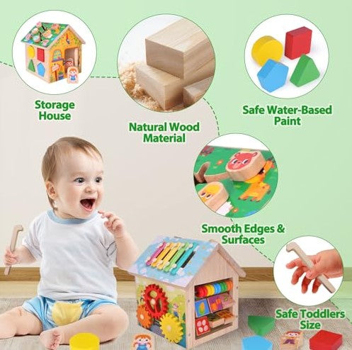 Căsuță Educațională din Lemn 8 în 1 – Activități Montessori