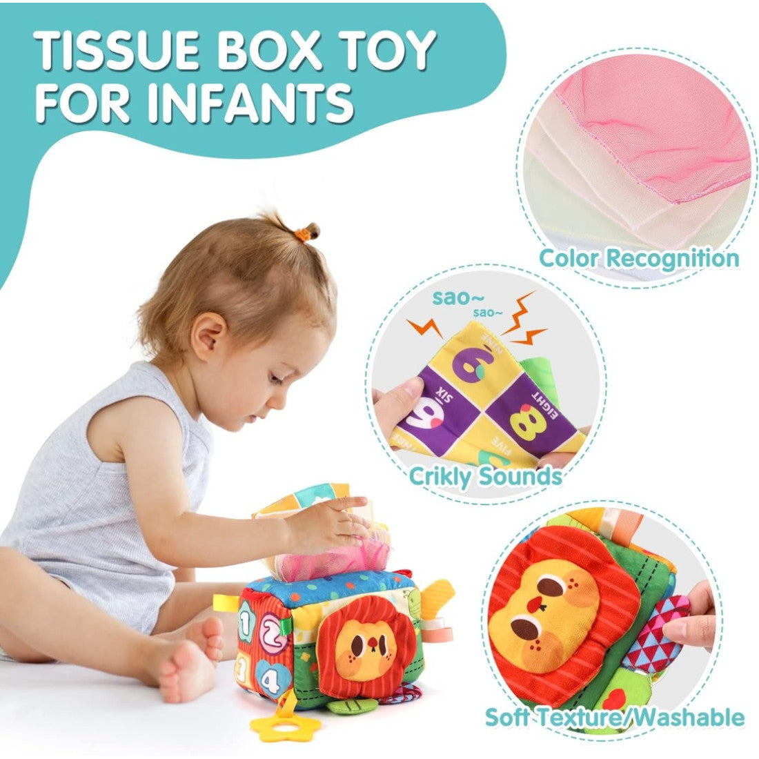 Cutie senzorială Montessori cu șervețele textile și accesorii interactive
