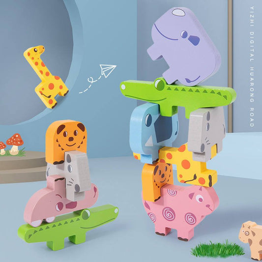 Joc Montessori de stivuit și echilibru – Set 10 animale din lemn