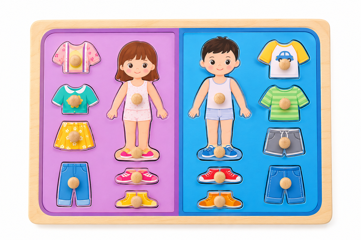 Puzzle încastru din lemn cu butoni – Îmbracă fetița și băiatul