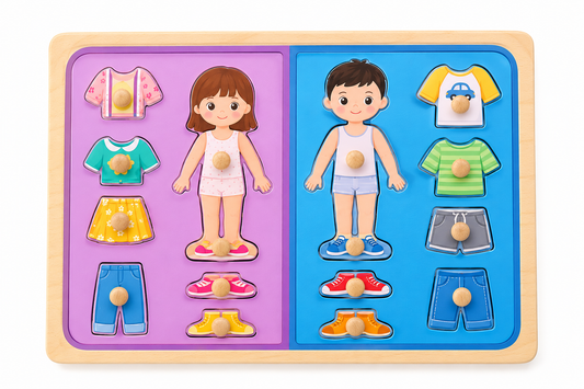Puzzle încastru din lemn cu butoni – Îmbracă fetița și băiatul