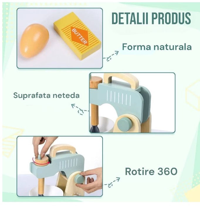 Micul meu atelier de prăjituri – Set mixer din lemn cu accesorii