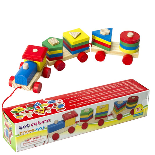 Trenulețul din lemn cu forme geometrice – joacă educativă pe șinele imaginației