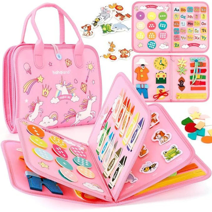 Carte senzorială Montessori cu unicorni - Busy Board 8 pagini