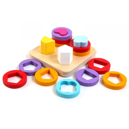 Sortator din lemn Montessori – Forme geometrice colorate 4 coloane (3+ani)