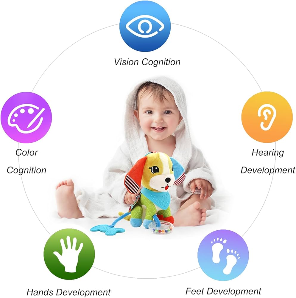 Jucărie zornăitoare senzorială pentru cărucior – cu funcție de dentiție