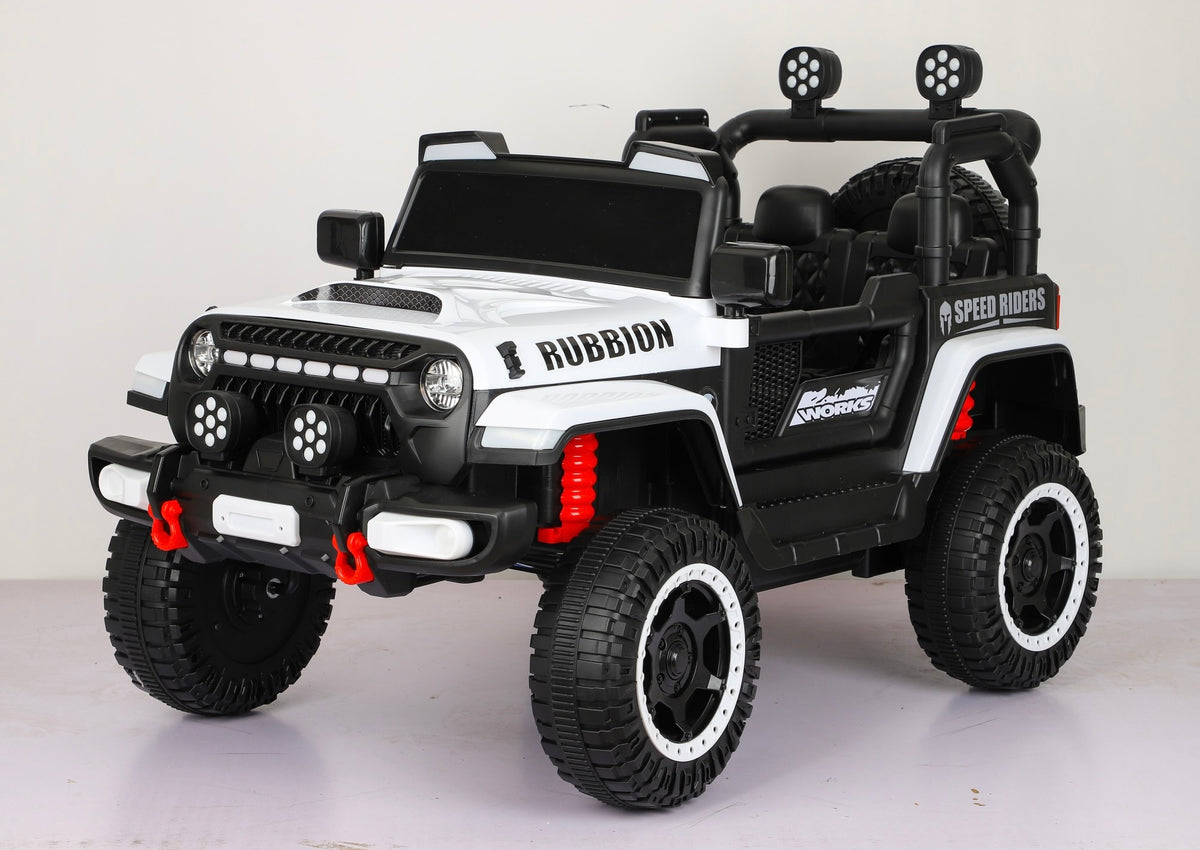 Masina Electrica pentru Copii, Off-Road, Conectare Bluetooth, telecomanda, Tractiune Spate, Lumina Intermitenta, Baterie 12V 7Ah, 120 x 63 x 68cm, Alb