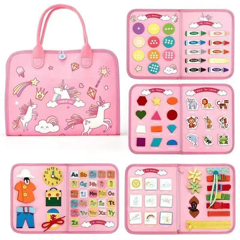 Carte senzorială Montessori cu unicorni - Busy Board 8 pagini