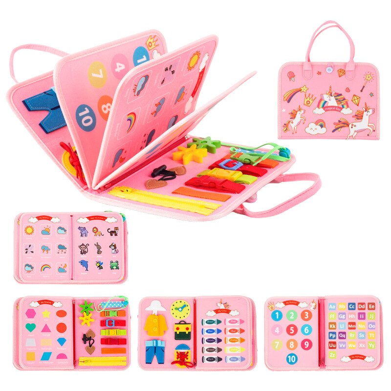 Carte senzorială Montessori cu unicorni - Busy Board 8 pagini