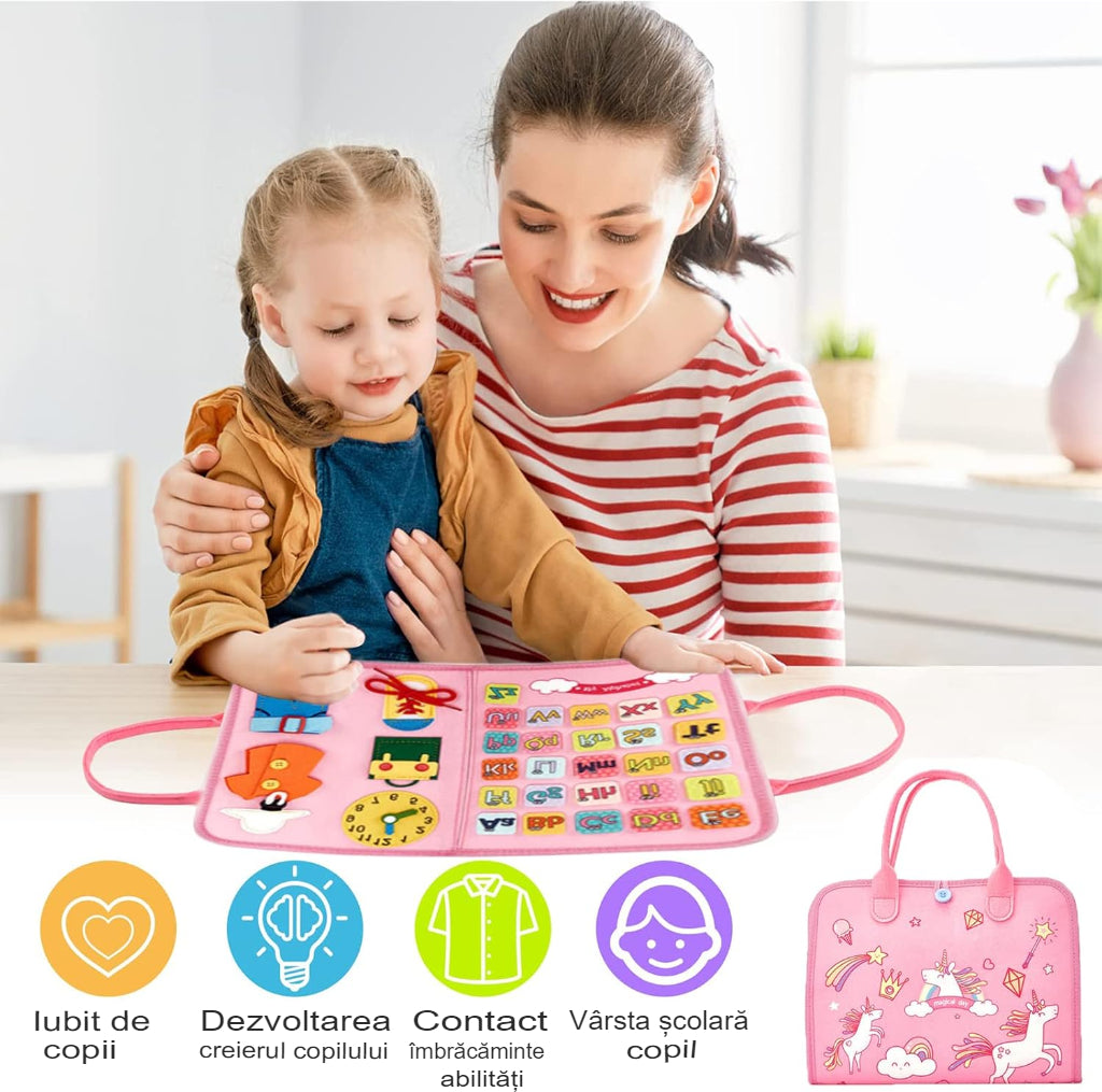 Carte senzorială Montessori cu unicorni - Busy Board 8 pagini