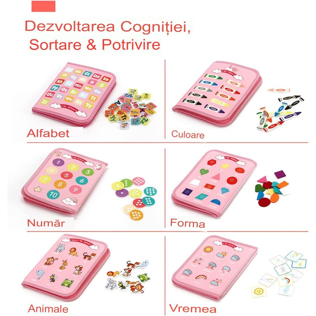 Carte senzorială Montessori cu unicorni - Busy Board 8 pagini