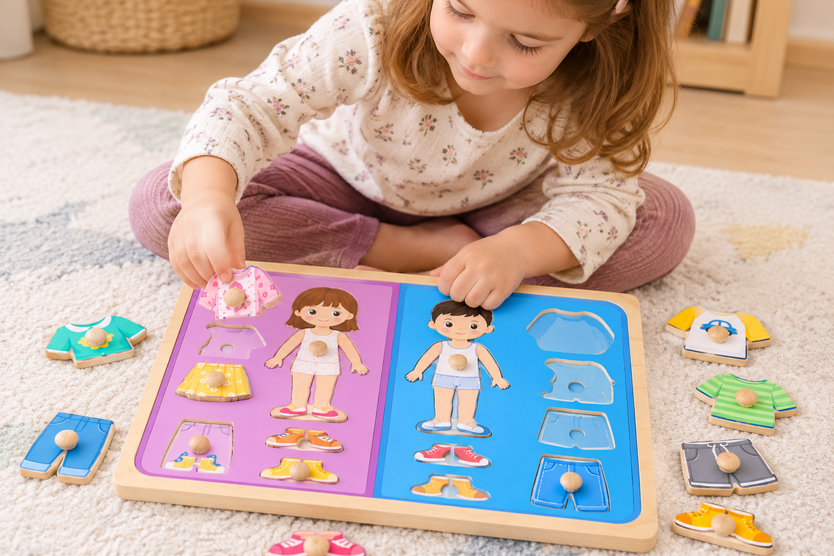 Puzzle încastru din lemn cu butoni – Îmbracă fetița și băiatul