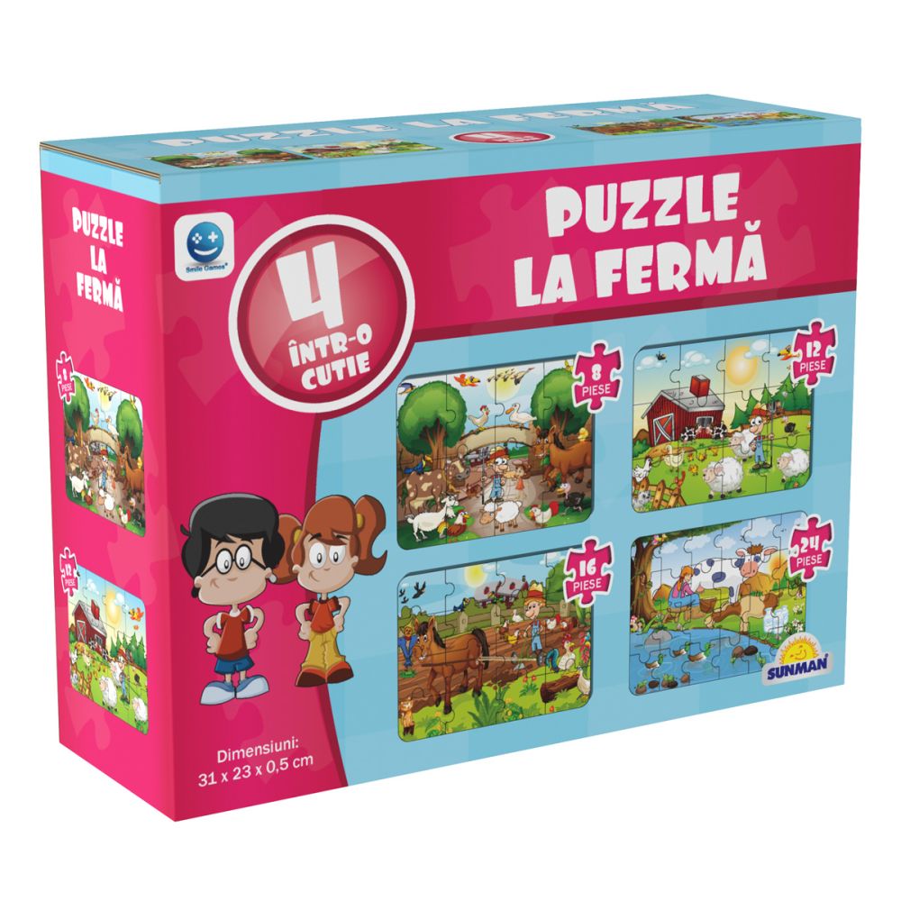 Distracție și învățare cu Puzzle la Fermă – 4 puzzle-uri într-o singură cutie