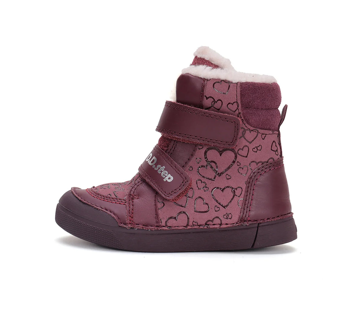 Ghetuțe de Iarnă DD Step „Raspberry Hearts” – Piele Naturală & Blăniță Călduroasă (nr. 25-30)