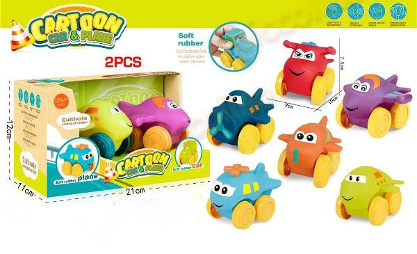 Set Jucării „CARTOON CAR & PLANE” – Mașinuțe din Cauciuc Moale (2 bucăți)