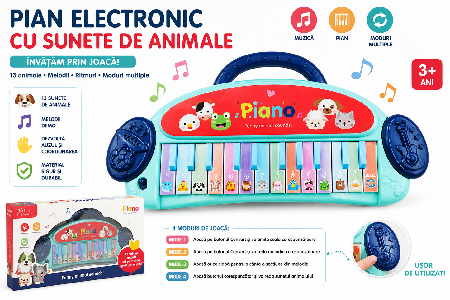 Pian electronic pentru copii cu sunete de animale și melodii