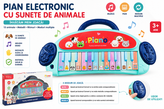 Pian electronic pentru copii cu sunete de animale și melodii